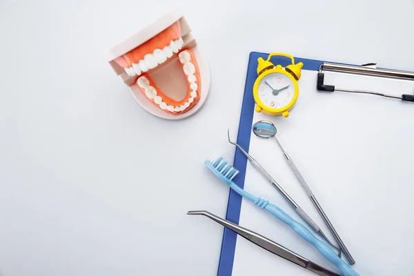 Concepto de cuidado dental. Modelo de diente saludable con herramienta dental en la mesa — Foto de Stock