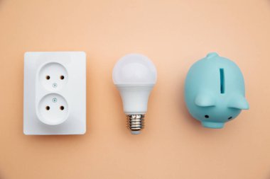 LED ampul, priz ve mavi domuz kumbarası. Enerji ekonomisi kavramı