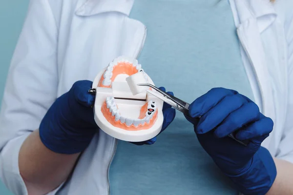 Wizyta u dentysty, instrumenty stomatologiczne i koncepcja higienistki stomatologicznej z modelami zębów i aparaturą stomatologiczną na ciemnoszarym kolorze. Regularne badania kontrolne są niezbędne dla zdrowia jamy ustnej — Zdjęcie stockowe