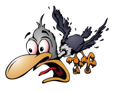 Uçuş, şok ifade ile deli komik karikatür kuş tüyleri, büyük gözler, tam renkli karikatür vektör çizim gevşek