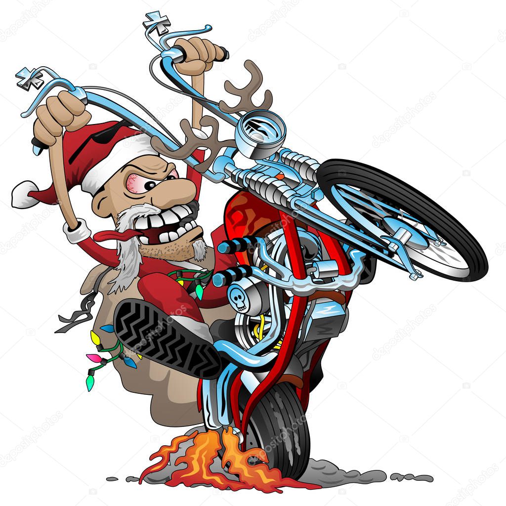 Santa biker on an American style chopper motorcycle, popping a wheelie, vector cartoon Illustration