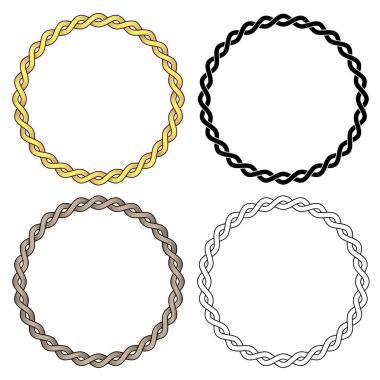 Örgülü halat zincir, keskin temiz vektör çizim, siyah dolgu, siyah anahat, tan ve altın sesi sürümlerinde, mükemmel bir daire içinde ve dışarı dokuma ve kolay düzenleme için izole bükülmüş