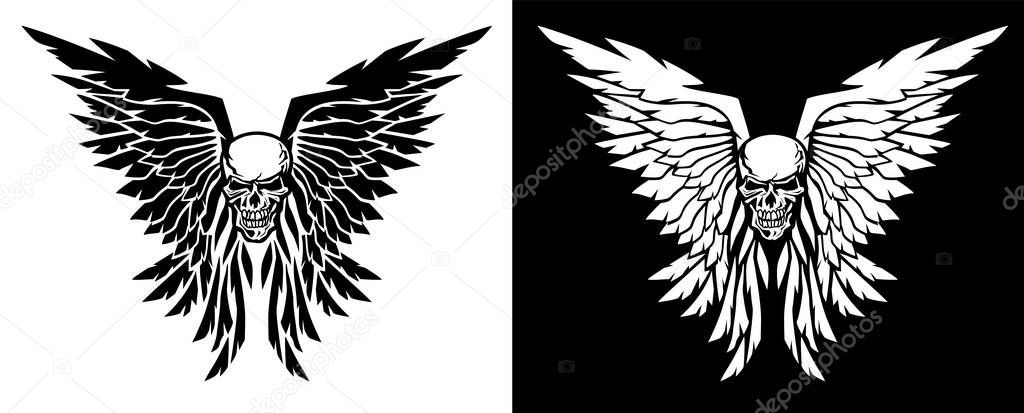 Classic skull and wings vector illustration in both black and white versions