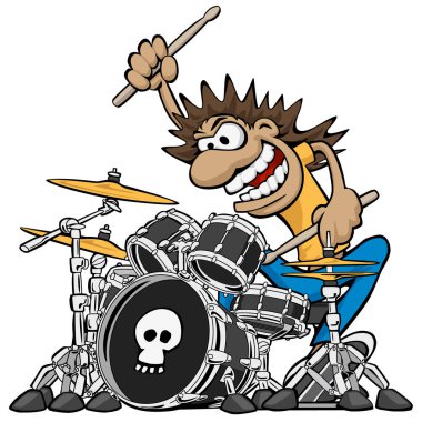 Vahşi davulcu Drum Set çizgi film vektör çizim oynarken 