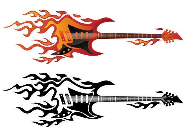 Elektro gitar tam renkli ve siyah alevler vektör çizim yanıyor