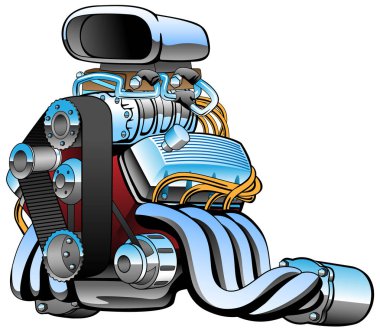 Hot rod yarış araba motoru çizgi film, çok krom, büyük alımı, yağ egzoz boruları, vektör çizim