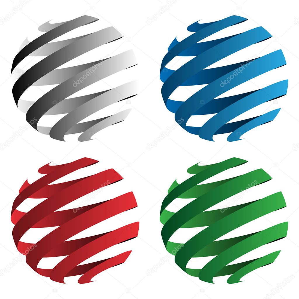 Spiral ribbon 3D sphere geometric shapes vector illustration, isolated, in black, red, blue and green