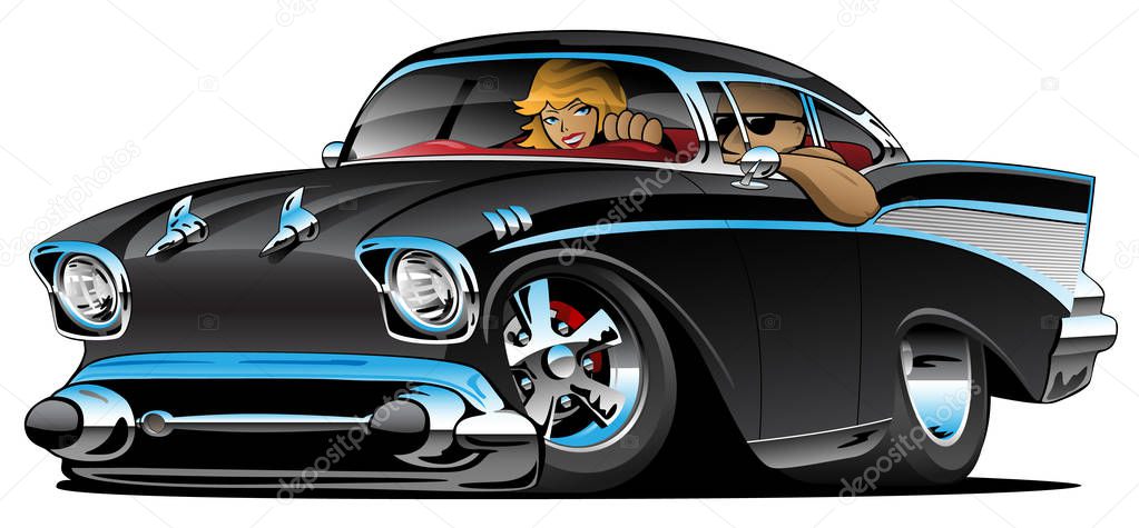 Classic hot rod fifties muscle car with a cool man and cute blonde woman cruising, low profile, big tires and rims, jet black paint, cartoon vector illustration