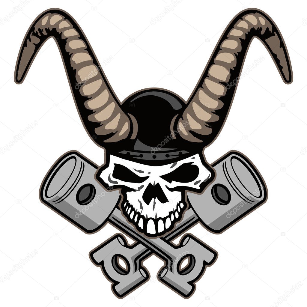 Skull with horns and crossed pistons vector illustration