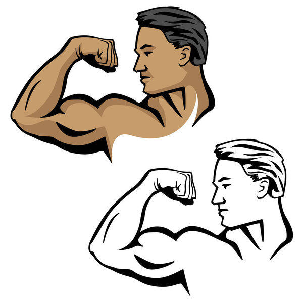 Male fitness bodybuilder model, flexing arm, huge bicep muscle, head turned sideways, thick hair, sharp vector illustration isolated for easy editing 