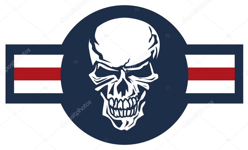 Military aviation airplane national roundel with skull, a very cool spin on a classic style aircraft logo, red white and blue isolated vector illustration
