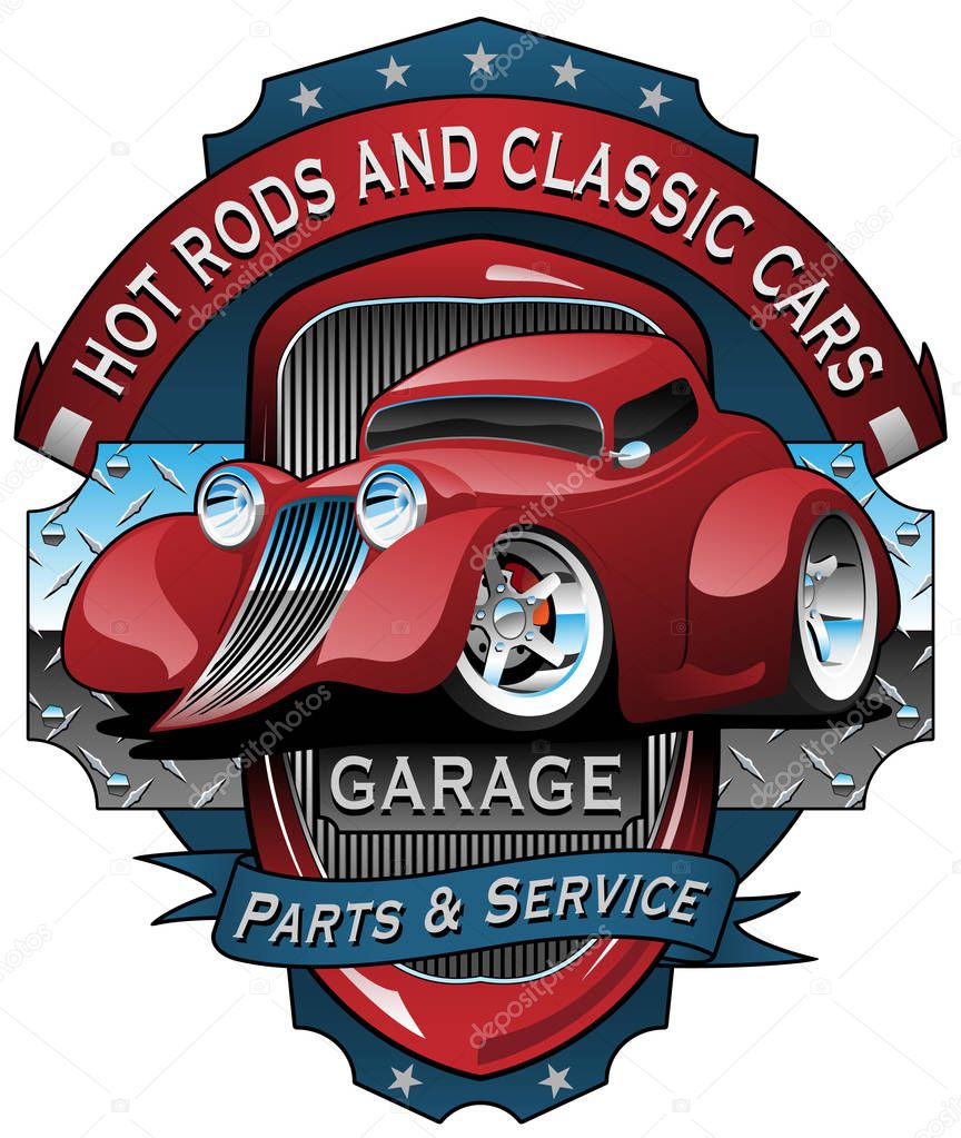 Hot Rods and Classic Cars Garage Vintage Sign Vector Illustration. Very cool illustration for the automobile enthusiast, car clubs, and man caves, sharp hot rod coupe, against a blue shield, with red and blue banners and brilliant chrome.