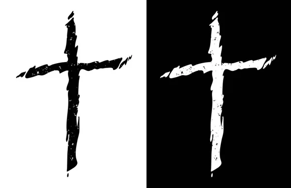 Beautifully hand drawn old rugged distressed christian cross in black and white versions isolated vector graphic for easy editing