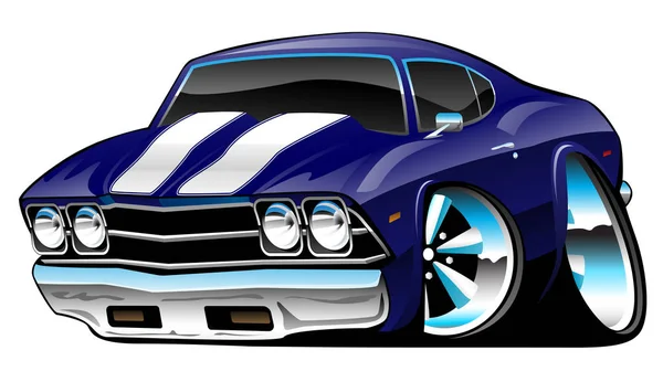 Classic American Muscle Car Cartoon, Deep Cobalt Blue, Vector Illustration