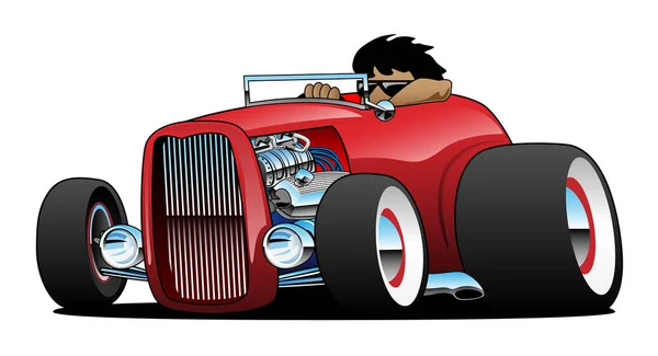 Hot American vintage hot rod highboy roadster car cartoon. red, cool stance, low profile, big tires on vintage rims, cool driver behind the wheel, sharp vector graphic isolated for easy editing