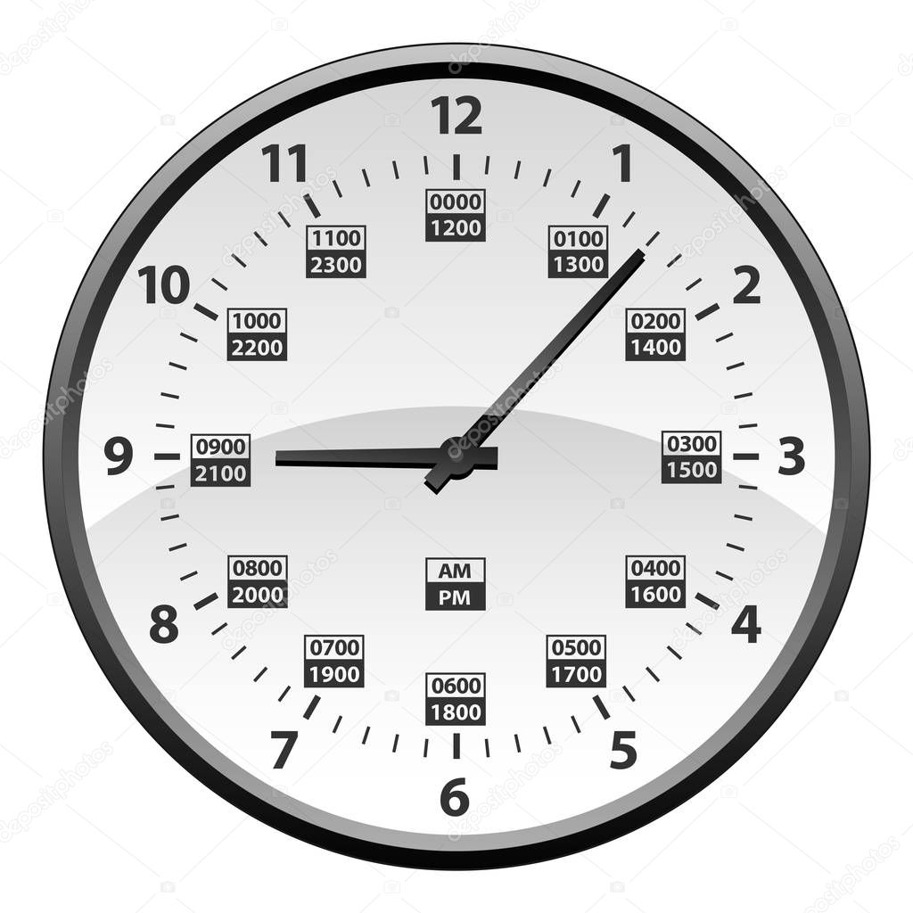 Realistic 12 to 24 Hour Military Time Clock Conversion Isolated Vector Illustration