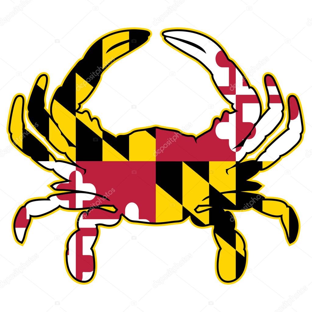 Maryland flag colors crab vector graphic with very cleans, bold red, black, white and yellow colors and black and yellow outline, isolated for easy editing