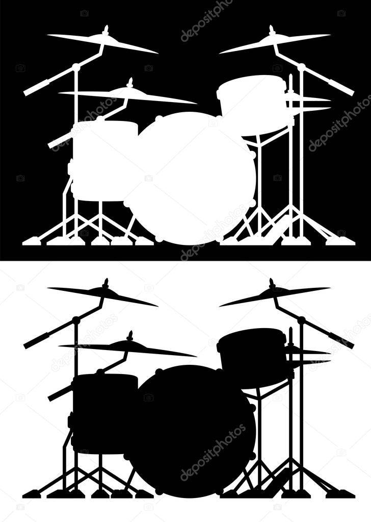 Drum set design isolated silhouette vector illustration in both black and white versions isolated for easy editing