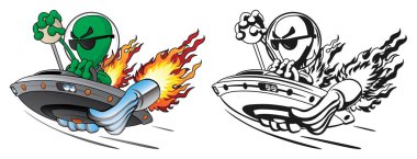 Ufo Alien Hot Rod İzole Vektör İllüstrasyon Tam Renk ve Çizgi Sanat