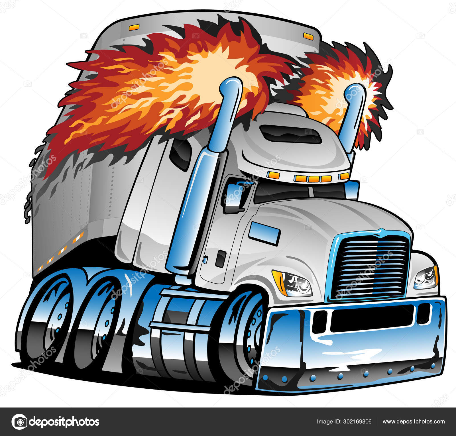 Semi Truck Tractor Trailer Big Rig White Flaming Exhaust Lots Stock