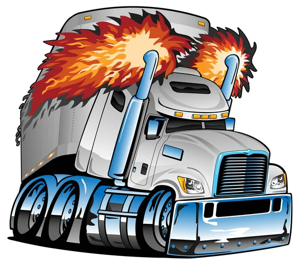 Yarı Kamyon Traktör Römork Big Rig, Beyaz, Yanan Egzoz, Krom Lots, Karikatür İzole Vektör İllüstrasyon 