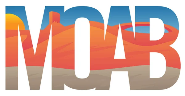 Escena Moab Con Rocas Rojas Mesa Arco Tipografía Vector Ilustración — Vector de stock