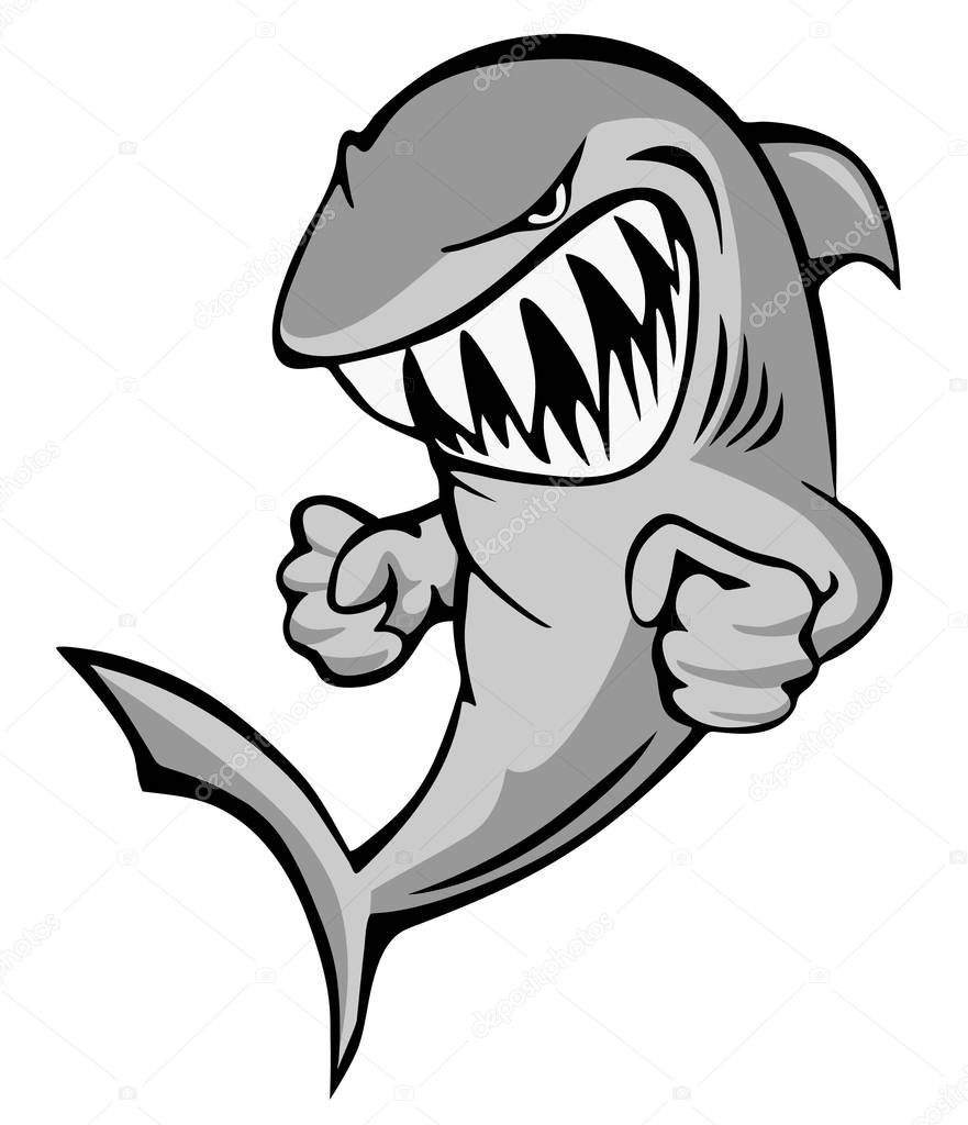Shark Jumping with Big Grin and Fists Cartoon Isolated Vector Illustration