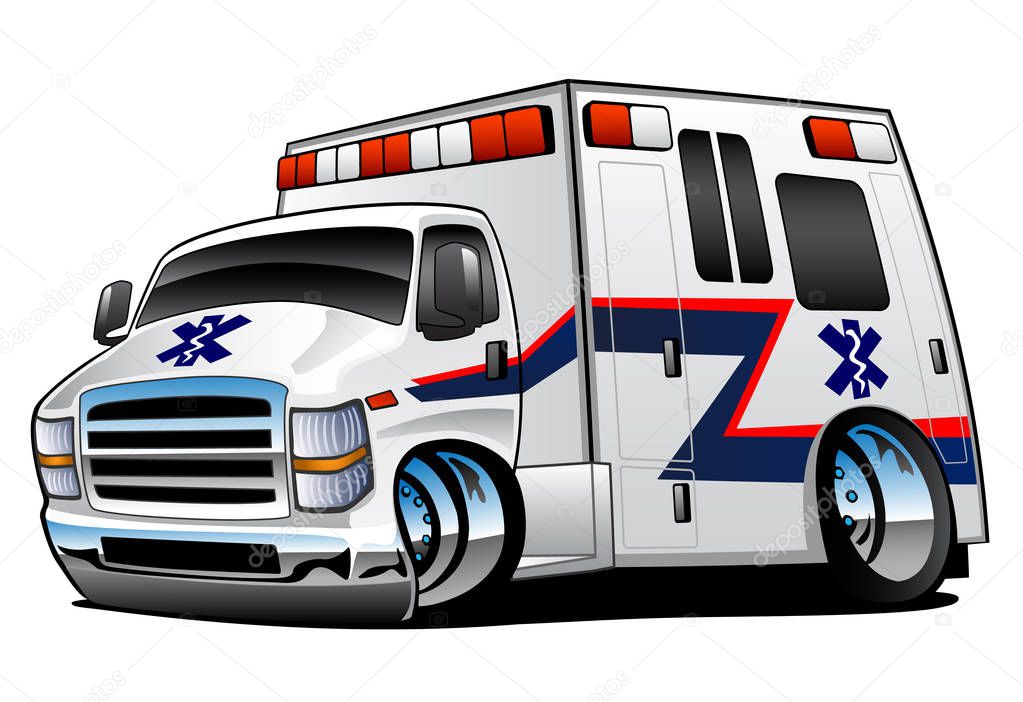 White Paramedic Ambulance Rescue Truck Cartoon Isolated Vector Illustration