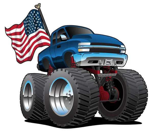 Monster Pickup Teherautó Usa Zászló Rajzfilm Elszigetelt Vektor Illusztráció — Stock Vector