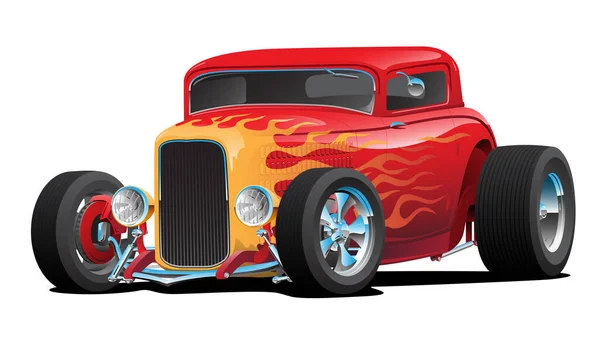 Hotrod Alevleri ve Chrome Rims Ayrı Vektör İllüstrasyonlu Klasik Kırmızı Özel Yapım Çubuk Araba