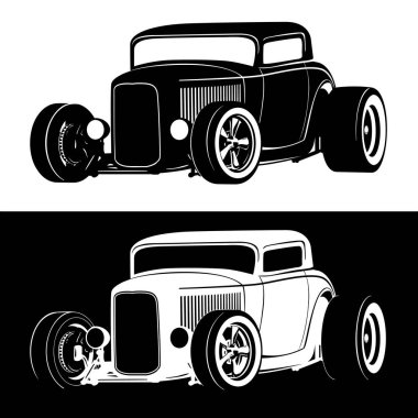 Klasik Amerikan Hot Rod arabası siyah ve beyaz üzerine siyah ve siyah sürümlerinde izole vektör illüstrasyonu 