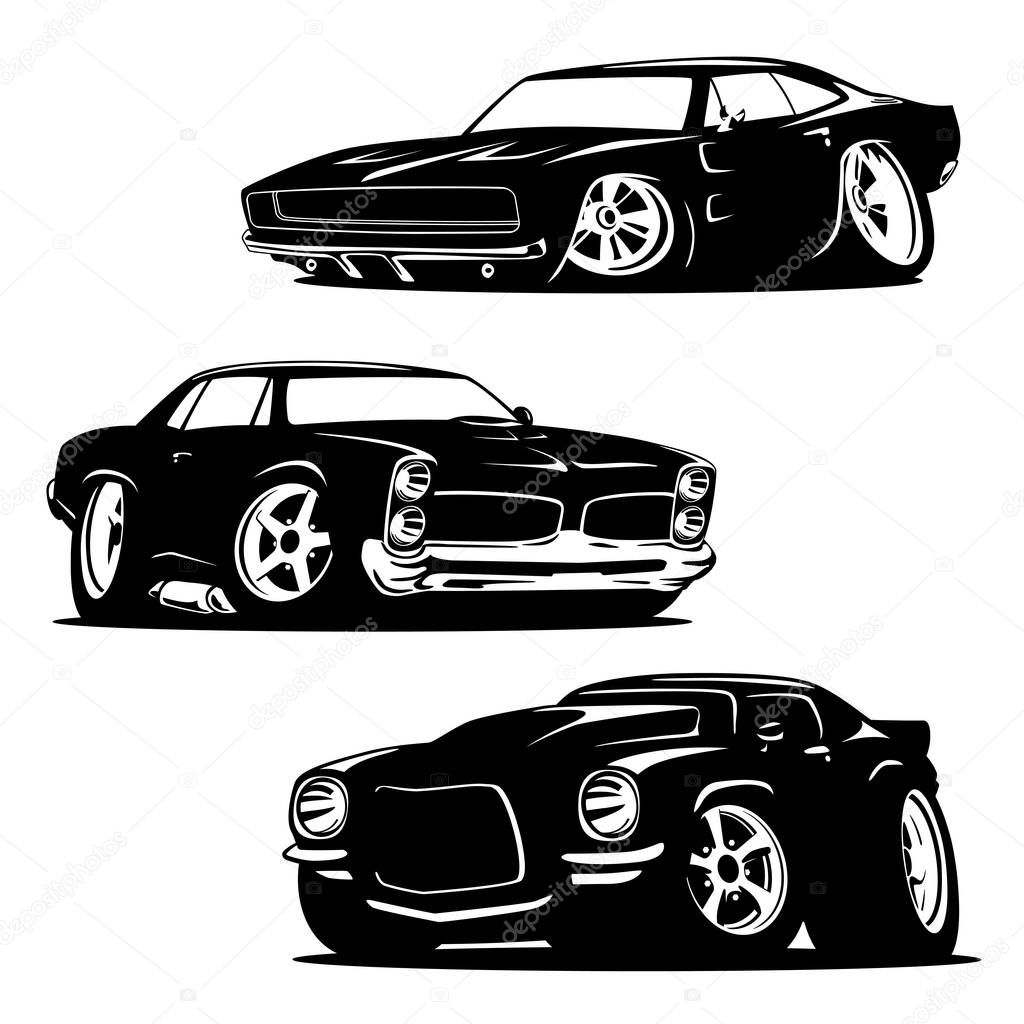 Muscle Cars Cartoons Silhouette Set Isolated Vector Illustration