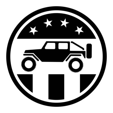 ABD off road 4wd logosu yıldızlı ve çizgili izole vektör illüstrasyonu, keskin vatansever yol macerası tasarımı tasarımı