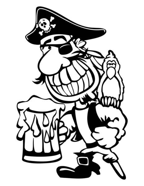 Cartoon Partying Pirate Drinking Beer Parrot Peg Leg Isolated Vector - Stok Vektor