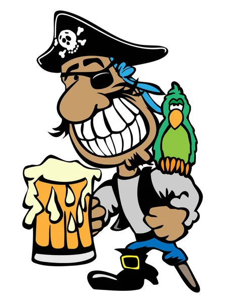 Cartoon Festa Pirata Beber Cerveja Com Papagaio Peg Leg Isolado —  Vetores de Stock