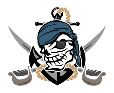 Anchor, Halat ve Çapraz Kılıçlarla Korsan Kafatası renk çizimi