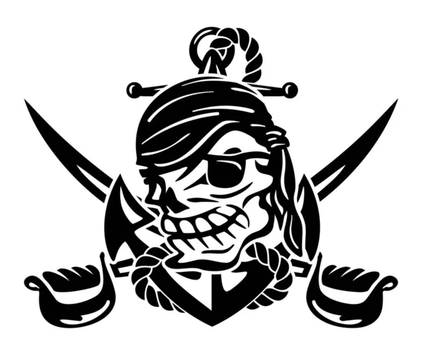 Crâne Pirate Avec Ancre Corde Épées Croisées Illustration Vectorielle Noire — Image vectorielle