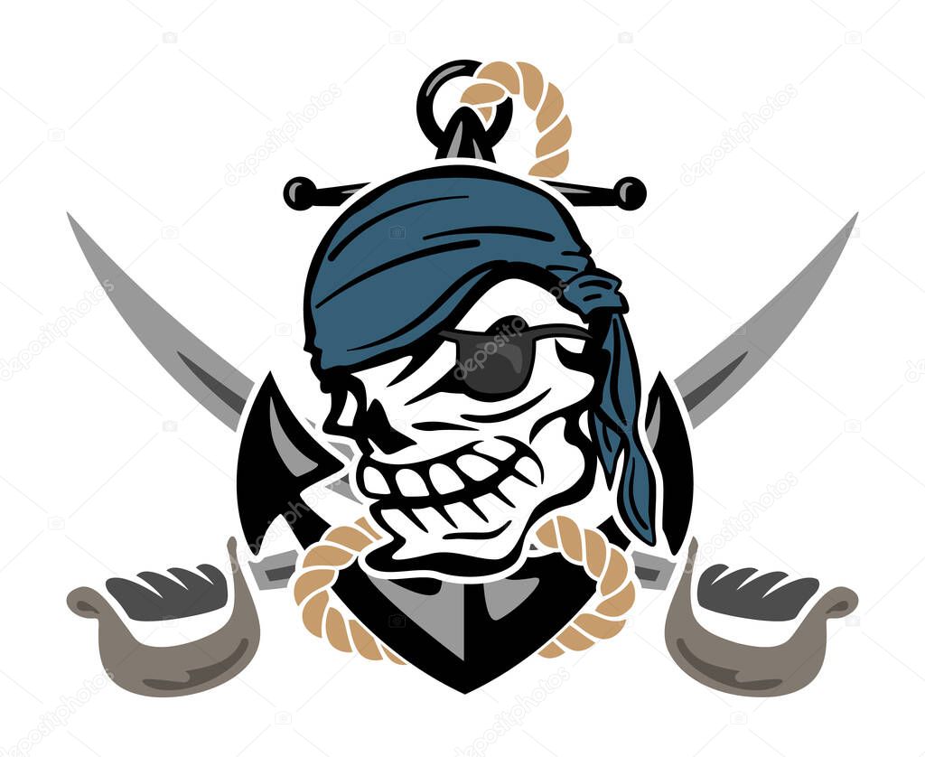Pirate Skull with Anchor, Rope and Crossed Swords color vector illustration