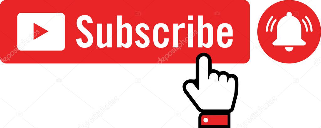 Red Subscribe Button with Notification Bell and Hand Isolated Vector Illustration 