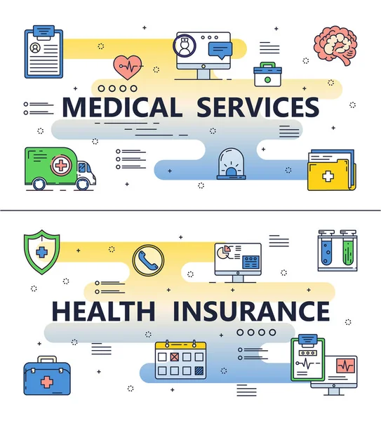 Historia clínica y el icono de servicios médicos. Diseño plano. Largo