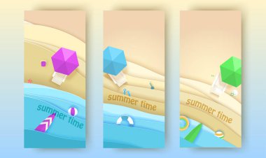 Tropikal plaj afiş kağıt sanat tarzı ayarla. Vektör yukarıdan kağıdı illüstrasyon kesin. Yaz tatil kavramı poster şablonu. El sanatları origami.