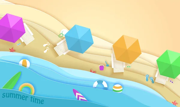 Tropisch strand in papier kunststijl. Vector bovenaanzicht papier knippen illustratie. Zomer vakantie concept poster sjabloon. Ambachtelijke origami. — Stockvector