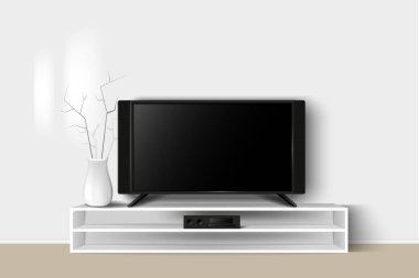 Led Tv Stand ahşap bir masa üzerinde 3D illüstrasyon vektör. Evin oturma odası modern iç mekan tasarımları. Kopyalama alanı şablonu.