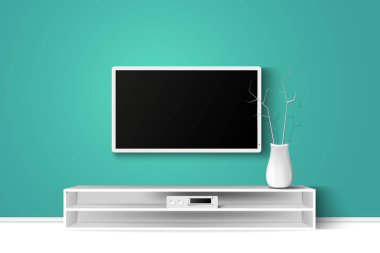 Led Tv Stand ahşap bir masa üzerinde 3D illüstrasyon vektör. Evin oturma odası modern iç mekan tasarımları. Kopyalama alanı şablonu.