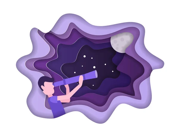 Kid is looking the stars with telescope. Universe discovery vector concept in paper art style. Origami paper cut design. — Stock Vector