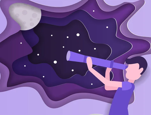 Il ragazzo sta guardando le stelle con il telescopio. Concetto vettoriale di scoperta dell'universo in stile cartaceo. Origami disegno taglio carta . — Vettoriale Stock
