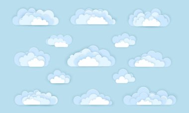Kağıt sanat tarzı bulut simgelerin vektör ayarlayın. Arka plan üzerinde izole bulut işaretler. Origami Kağıt kesme tasarım.
