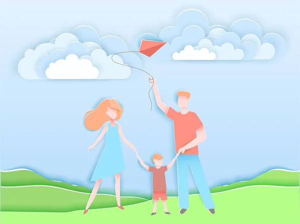 Familia feliz caminando en un parque con un niño. Ilustración vectorial en papel estilo origami. Feliz cartel del día de la madre y el padre. Diseño artesanal de corte de papel . — Archivo Imágenes Vectoriales