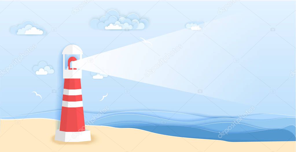 Lighthouse on sea beach in paper art style. Vector illustration origami paper cut design. Lighthouse beam with copy space.