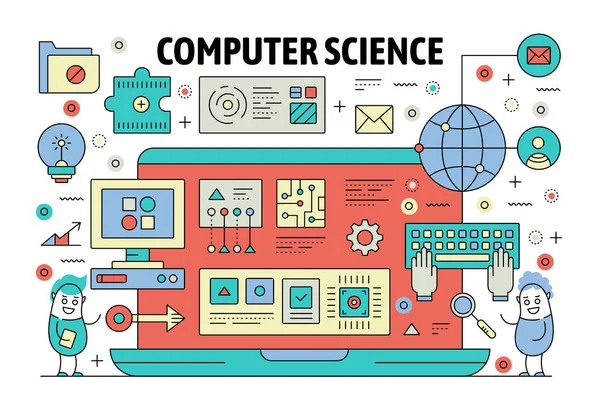 Banner de póster de ciencias de la computación de línea delgada vectorial — Archivo Imágenes Vectoriales